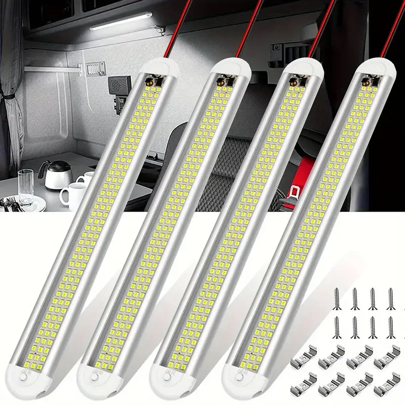 Four 12V/24V LED interior light bars angled together with red and black wires, mounting clips and screws, above a photo of a lit cargo van interior.