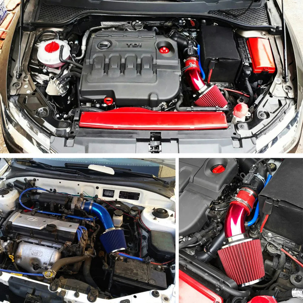 Cold air intake pipe installed in three different car engine bays with red and blue anodised finishes