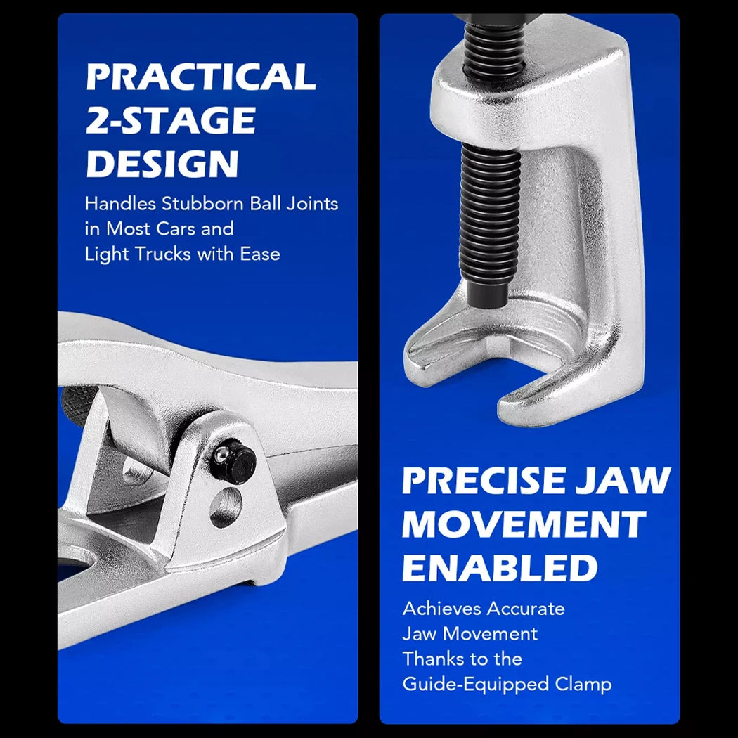 Close-up pair of Front End Puller Kit tools: the swing arm puller's pivot hinge and the forcing screw and fork jaw of a C-shape puller, on a blue background.