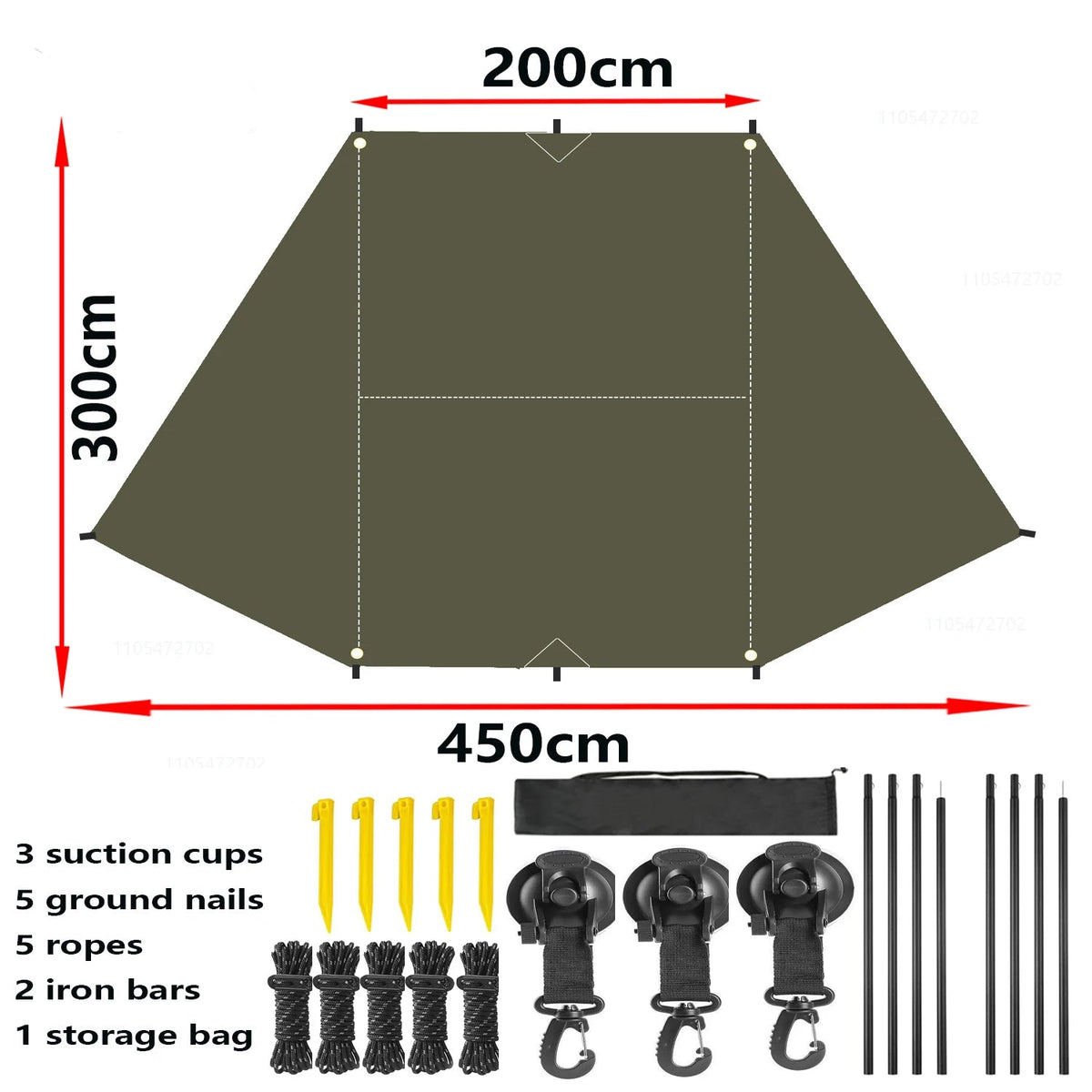 Size chart for the olive green Expedition Side Sunshade showing 200cm by 300cm by 450cm dimensions with included accessories