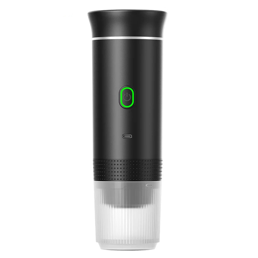 Black Portable Espresso Maker with green power button and clear drip cup