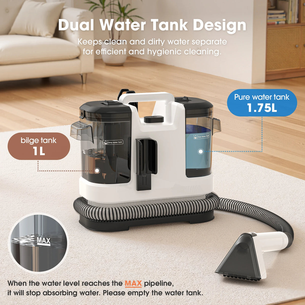 Portable Upholstery Spot Cleaner with 1.75 L clean water tank and 1 L dirty water tank on a living room rug