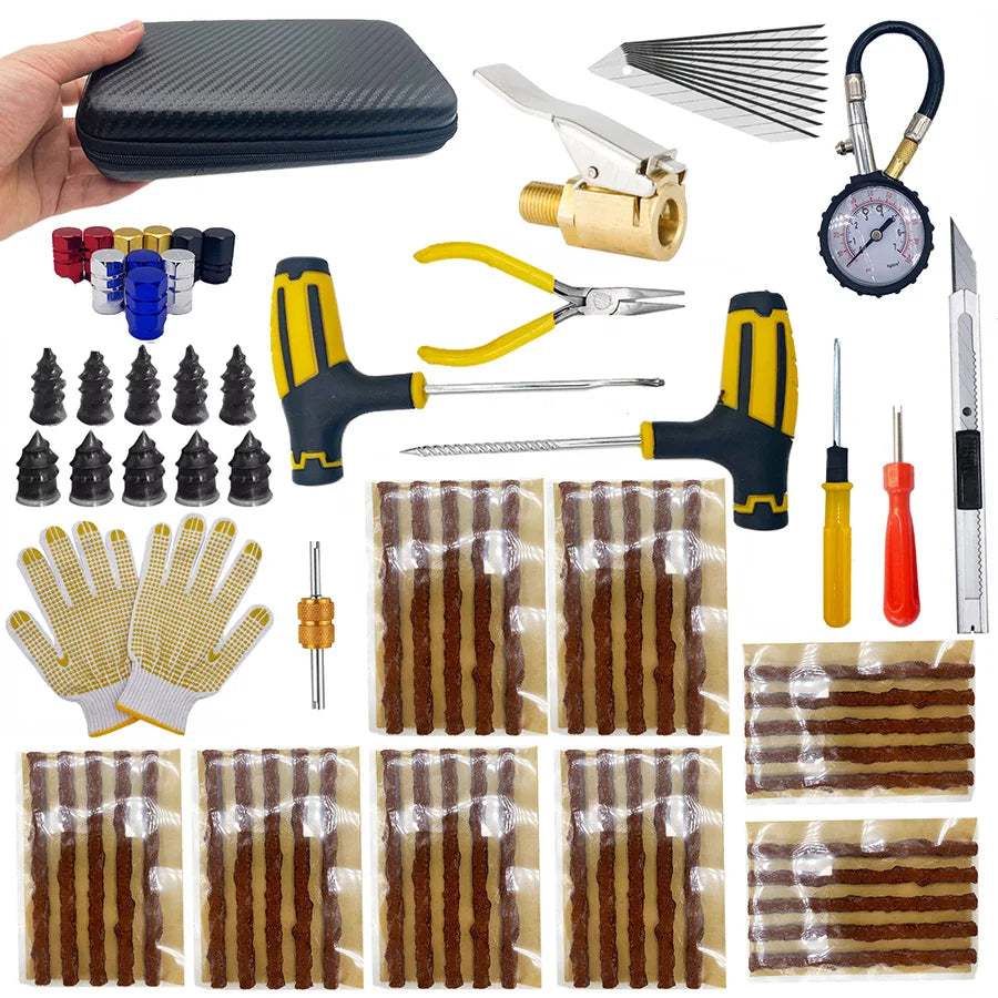 Heavy-Duty Tyre Repair Kit complete set with repair strips, tools, gauge, gloves and carry case on a white background