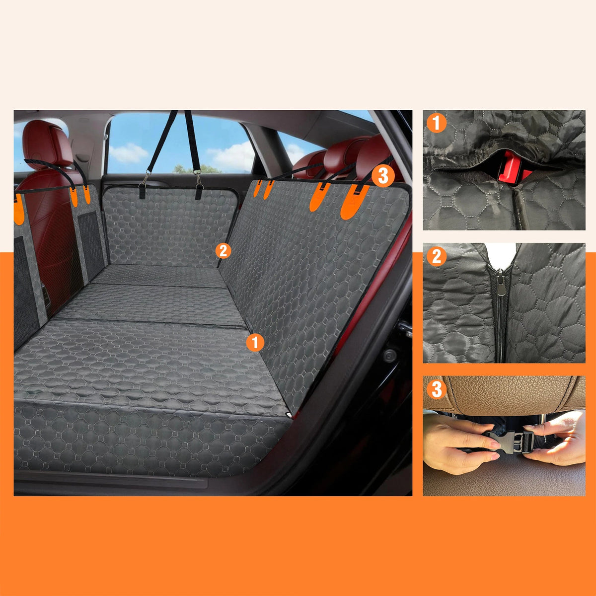 Washable Dog Seat Extender installed in a car back seat with close-ups of the storage pocket, zip side flap and headrest buckle