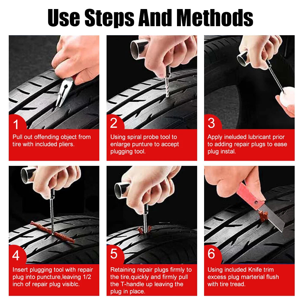 Six-step diagram showing how to use the Car Tyre Puncture Repair Kit to plug a tyre