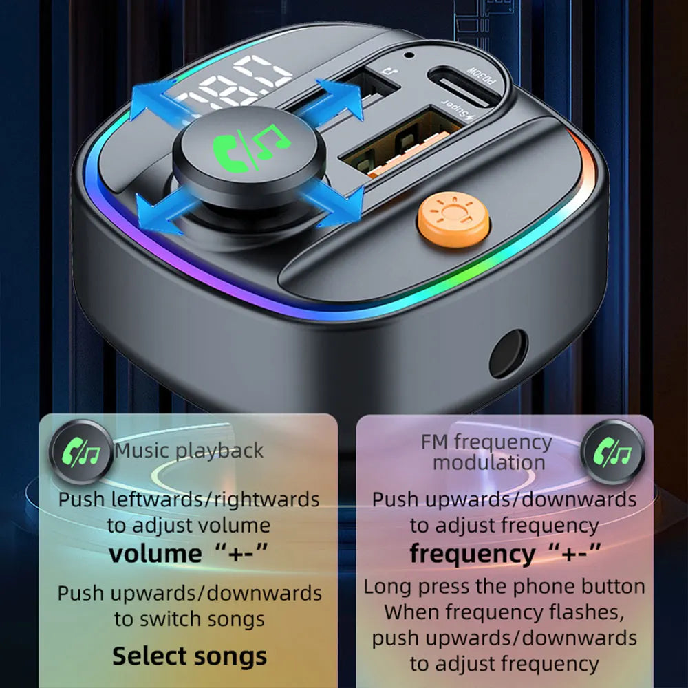 Close-up of the Bluetooth Car FM Transmitter's volume and frequency adjustment buttons with function callouts.