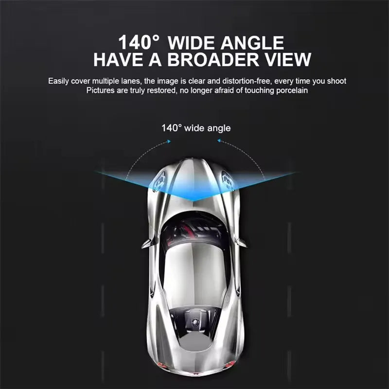 Overhead diagram of a car showing the dual-lens dash cam's 140 degree wide-angle front view