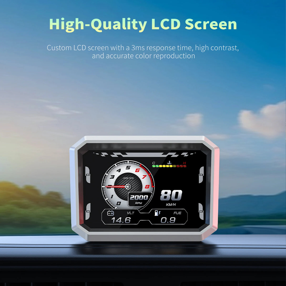 RGB OBD2 Racing Gauge LCD screen showing RPM, speed, voltage and fuel readouts on a car dashboard