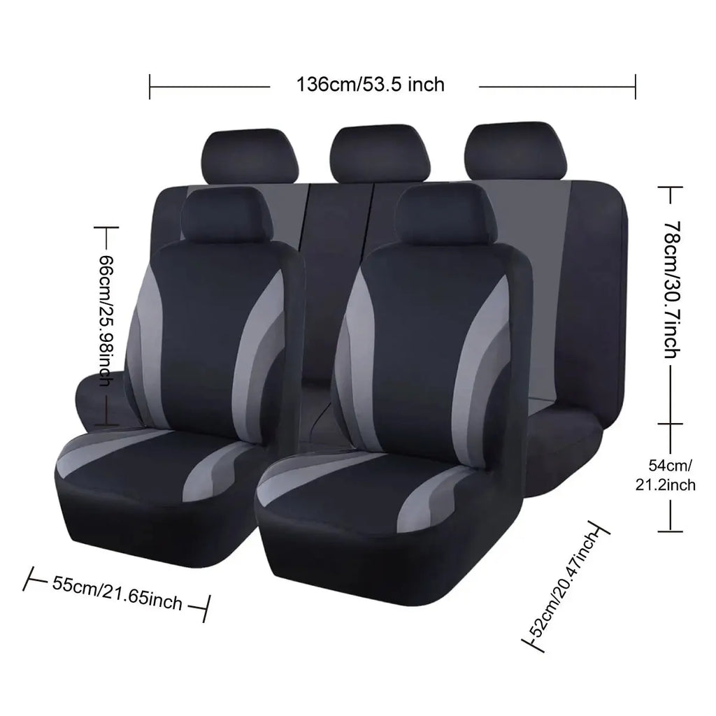 Black and gray car seat covers with measurements on a white background