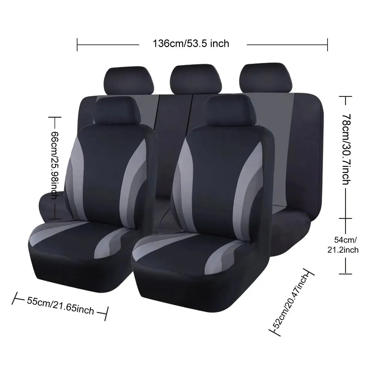 Black and gray car seat covers with measurements on a white background