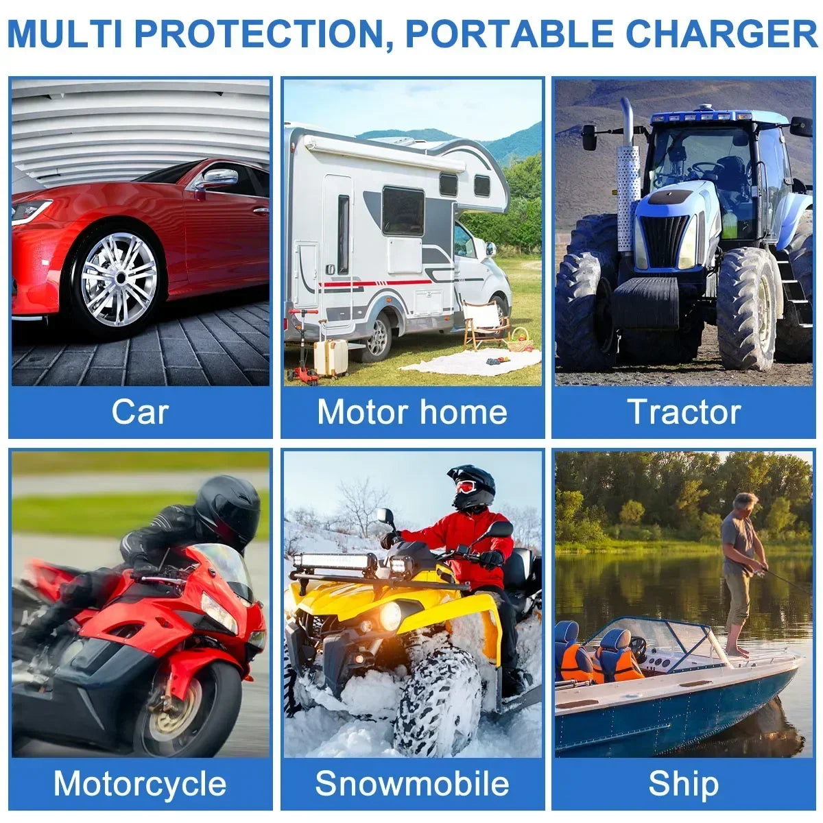 Grid of six vehicle icons showing the solar battery trickle charger is compatible with cars, motorhomes, tractors, motorcycles, snowmobiles and boats