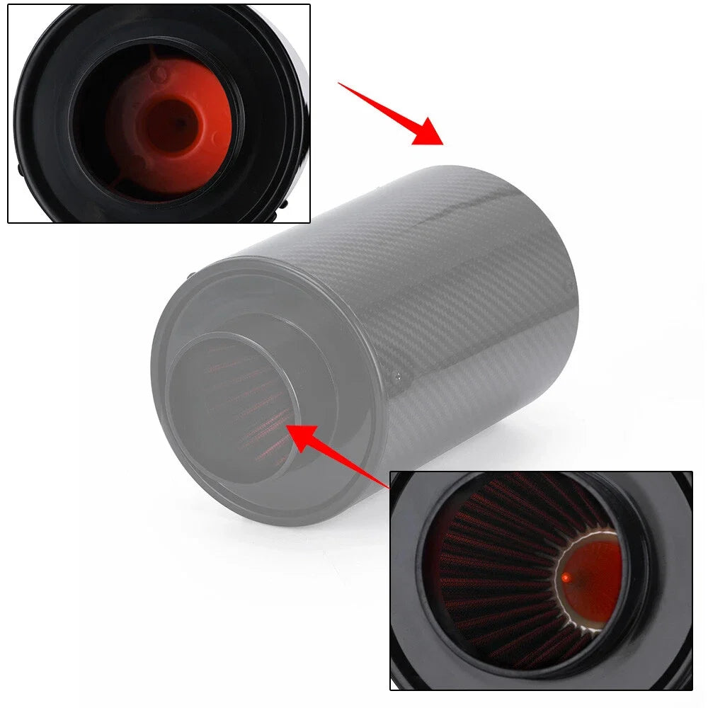 Close-up of the Carbon Fibre Cold Air Intake's internal air filter element and inlet mesh