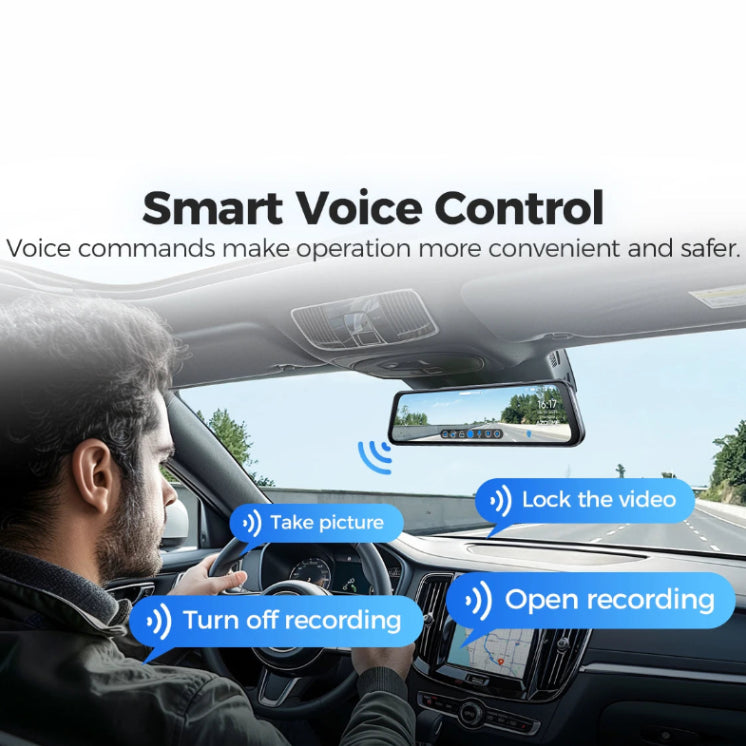 Driver using voice commands to take a picture and lock video on the Voice-Control 4K Mirror Dash Cam inside a car