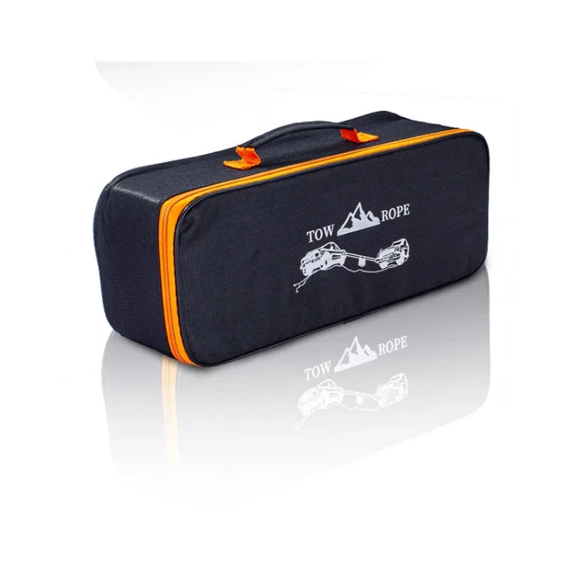 Black carry bag with orange trim printed with Tow Rope logo for storing the 4x4 recovery strap and shackles