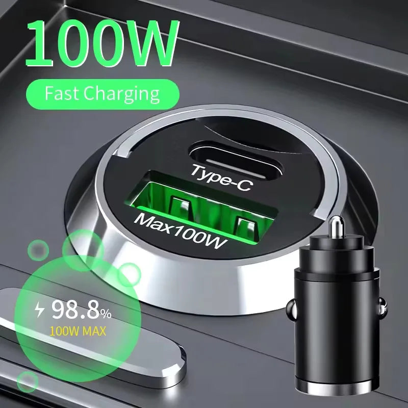 100W mini car charger with Type-C and dual USB ports showing a phone charging to 98.8 percent