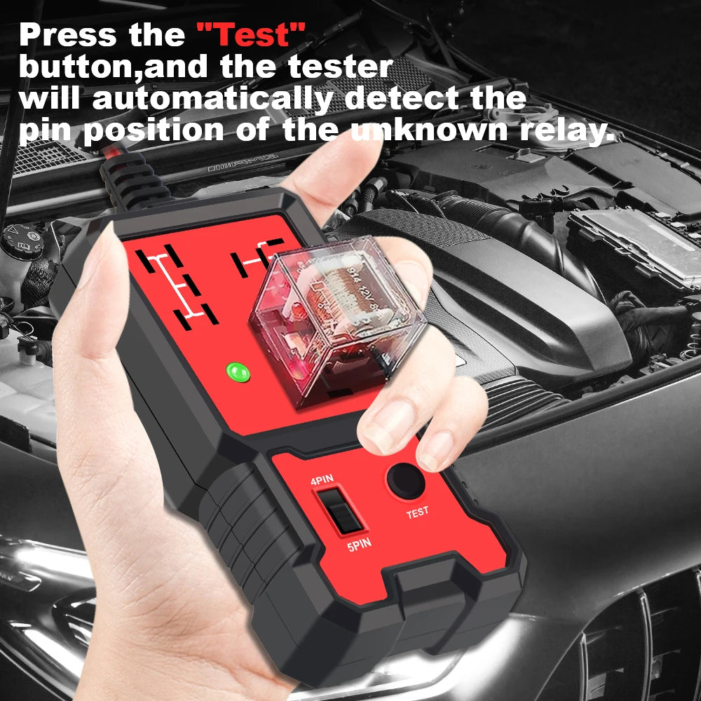 Automotive Relay Tester settable to 4 pin or 5 pin relay for testing multiple vehicle relay types