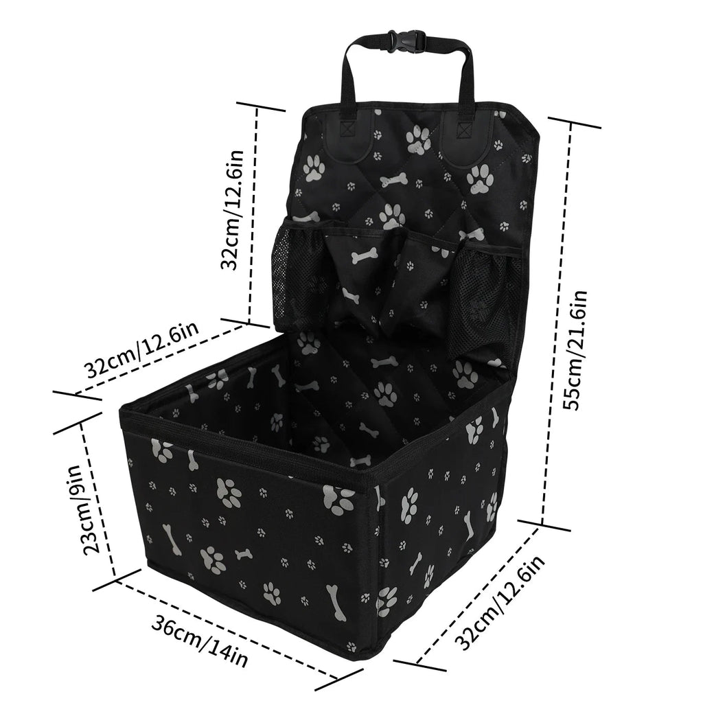 Product dimension infographic for the waterproof dog car backseat hammock booster seat
