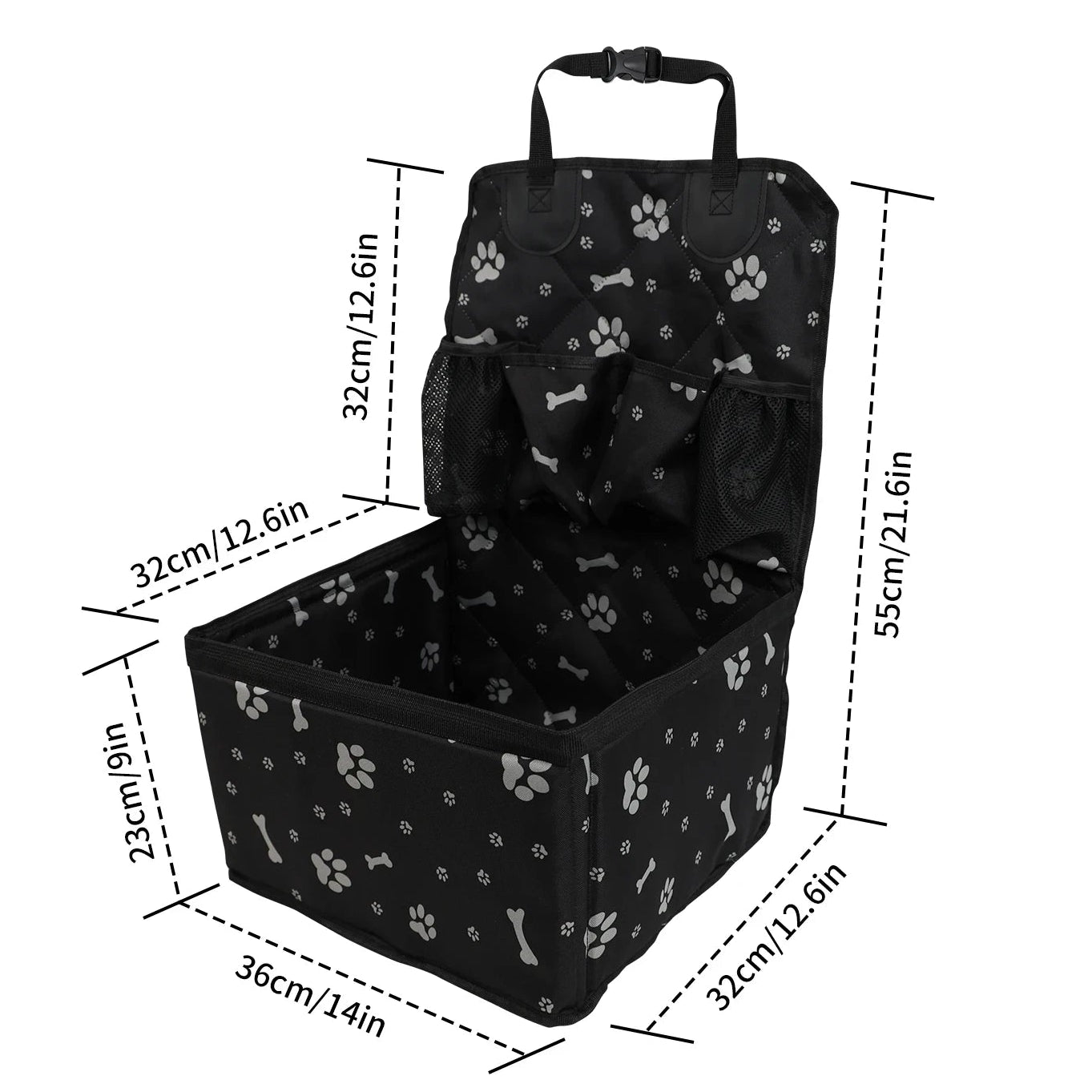 Product dimension infographic for the waterproof dog car backseat hammock booster seat
