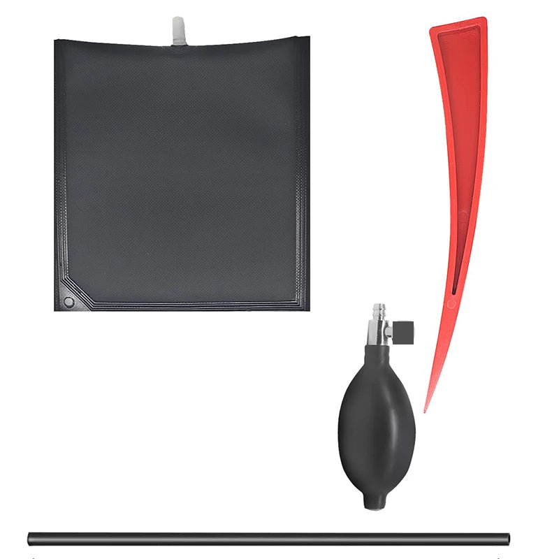 Suction cup dent puller bag, hand pump and flexible wedge tool included in the Paintless Dent Repair Kit