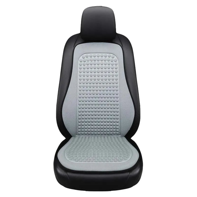 Grey Ice-Silk Seat Cushion with raised massage beads fitted over a black car seat, front view on a white background