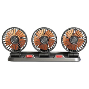 Triple-Head Dashboard Car Fan with three copper-tone fan heads on a grey base with red switches, on a white background