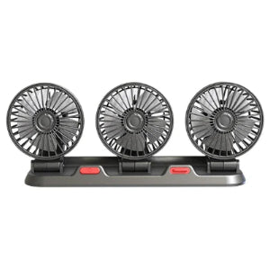 Triple-Head Dashboard Car Fan with three grey fan heads on a dark base with red switches, on a white background