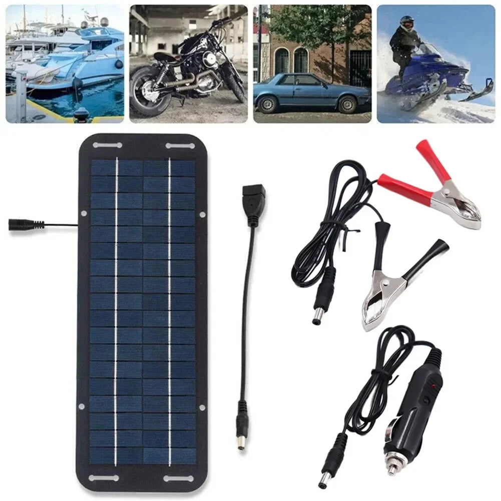 Solar battery trickle charger with accessories and four inset lifestyle photos showing use on a boat, motorcycle, car and snowmobile
