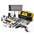 Paintless Dent Repair Kit with LED dent line board, glue gun, puller tabs, slide hammer, tools and yellow carry bag on a white background