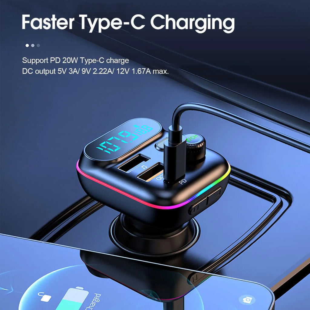 PD Fast-Charge FM Transmitter in a car power socket charging a phone through a USB-C cable