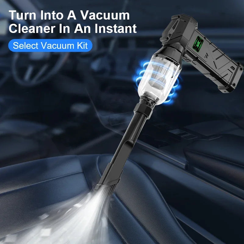 Mini Brushless Jet Blower fitted with the vacuum kit and crevice nozzle, cleaning dust from a car interior