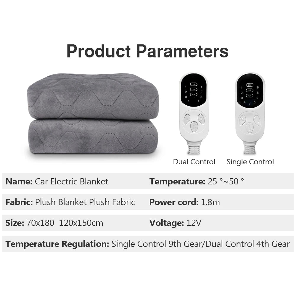 Product parameter chart for the Heated Travel Car Blanket listing size, fabric, voltage and single or dual control temperature settings