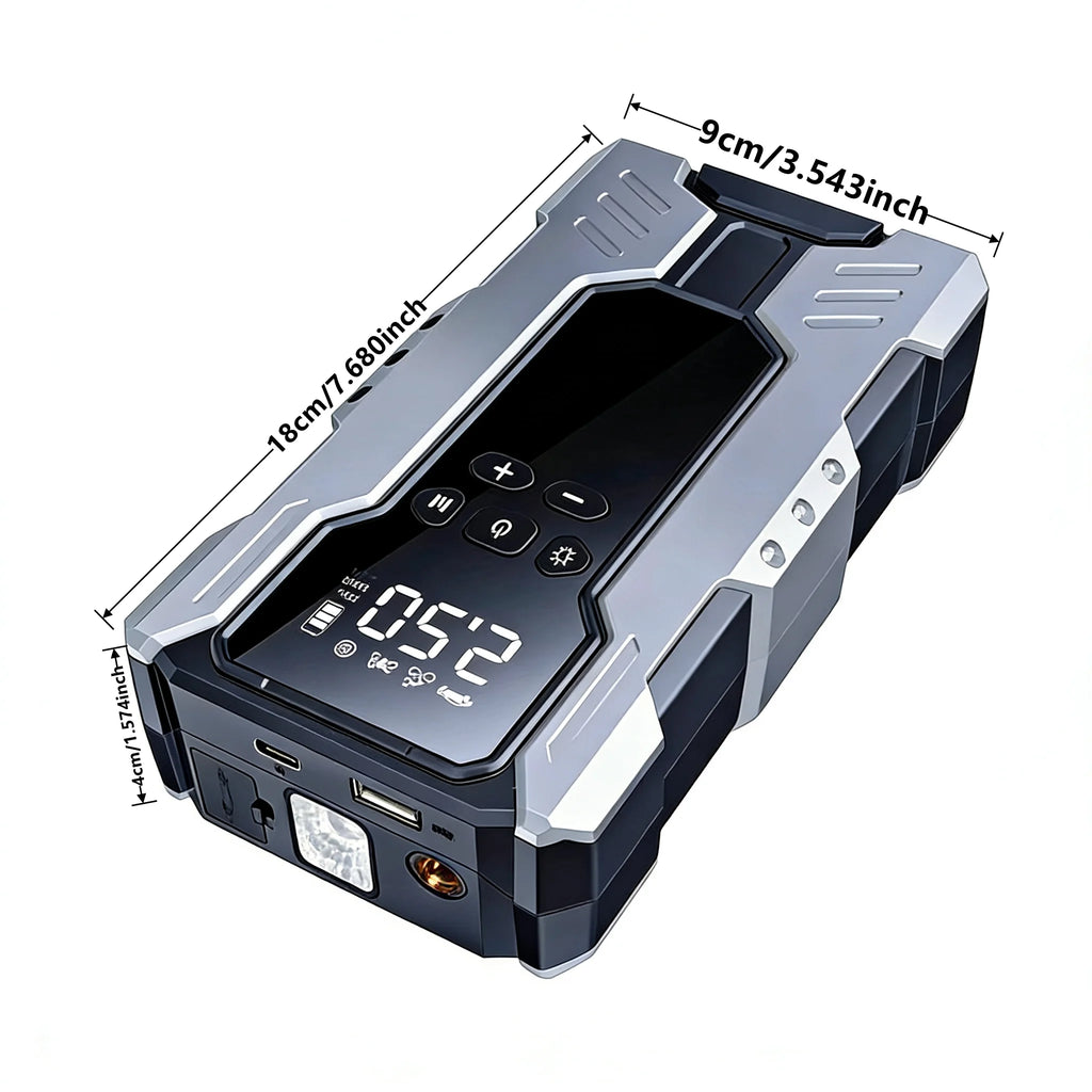 A rugged rectangular electronic device with a digital display and control buttons, shown on a white background with overlaid dimension lines and text indicating 18cm length, 9cm width, and 4.5cm depth.