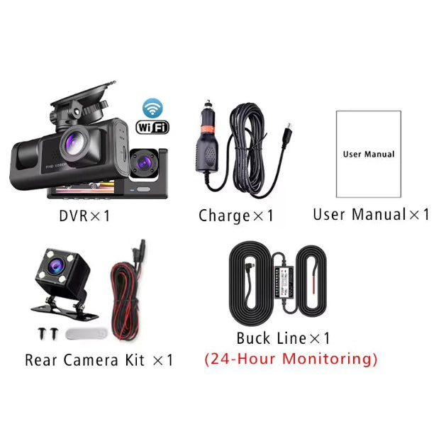 WiFi 3-Lens Dash Cam 3 camera kit with buck line for 24 hour monitoring, WiFi enabled, includes rear camera kit