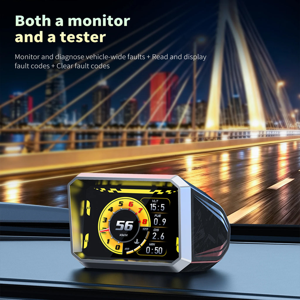 RGB OBD2 Racing Gauge with gold theme on dashboard at night, used to read and clear vehicle fault codes