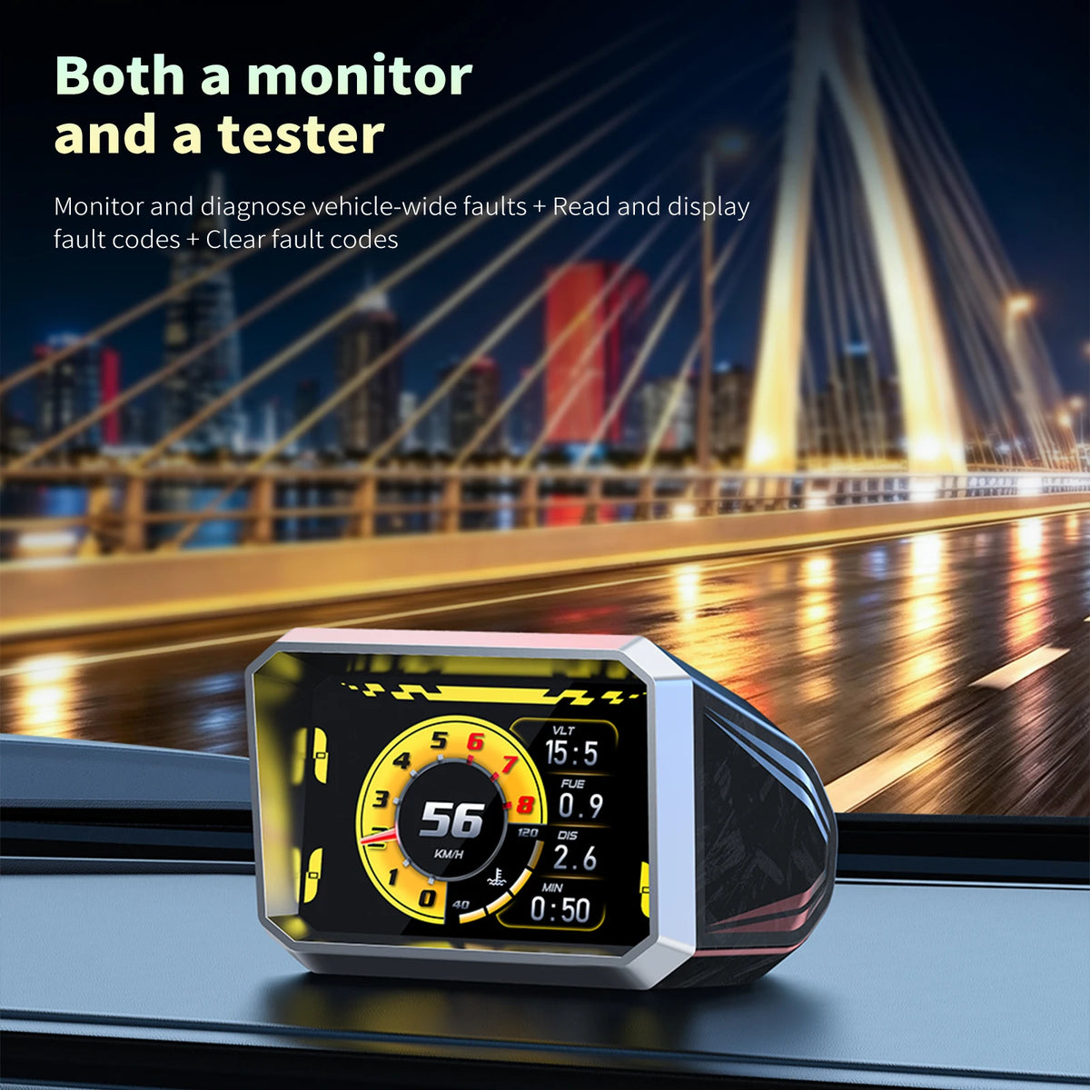 RGB OBD2 Racing Gauge with gold theme on dashboard at night, used to read and clear vehicle fault codes