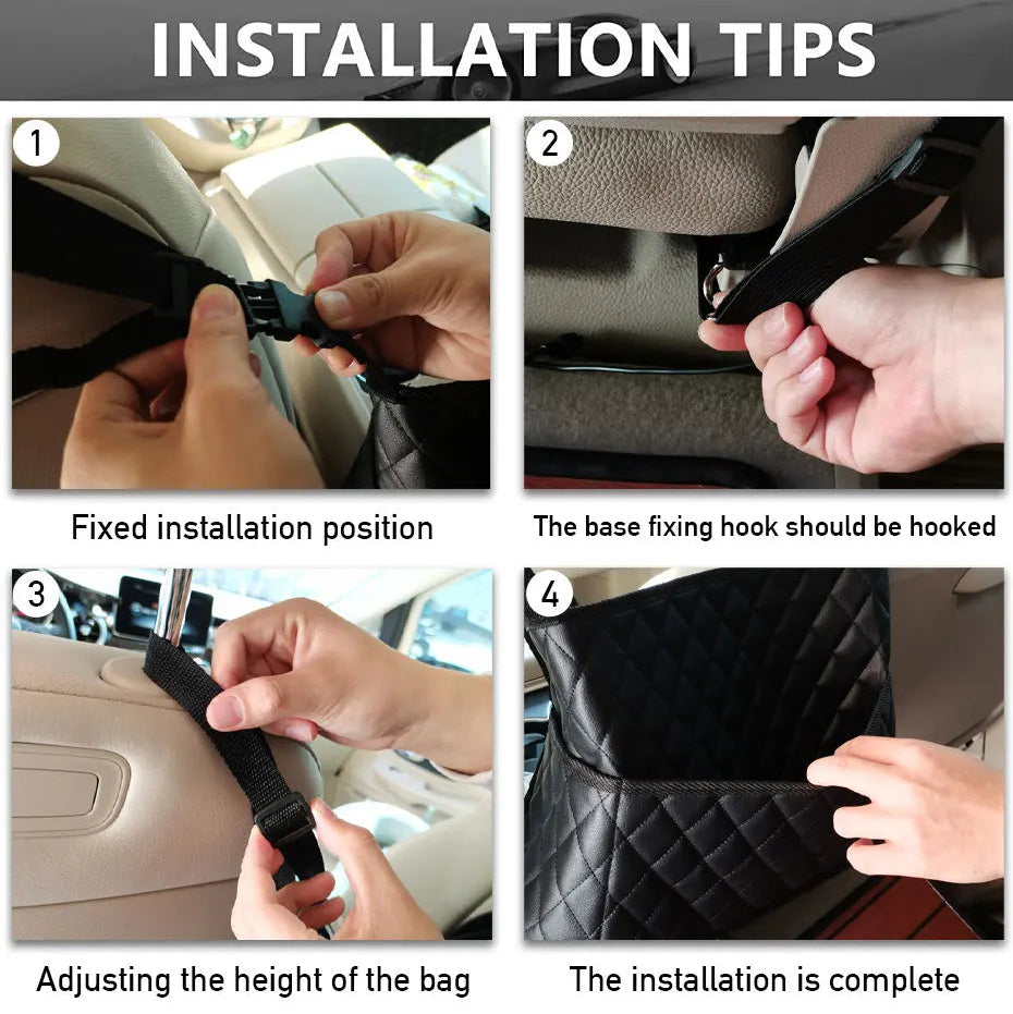 Four-step installation guide for fitting the car seat gap storage bag using the adjustable strap and hook