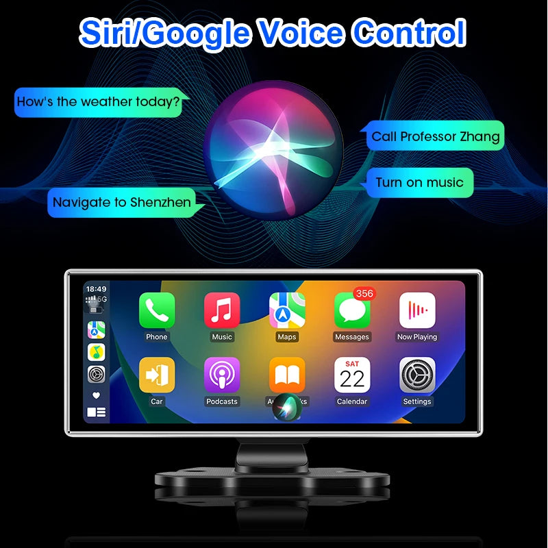Wireless CarPlay Dash Cam Siri and Google Voice Control feature graphic showing voice command bubbles such as navigate, call and play music above the CarPlay home screen.