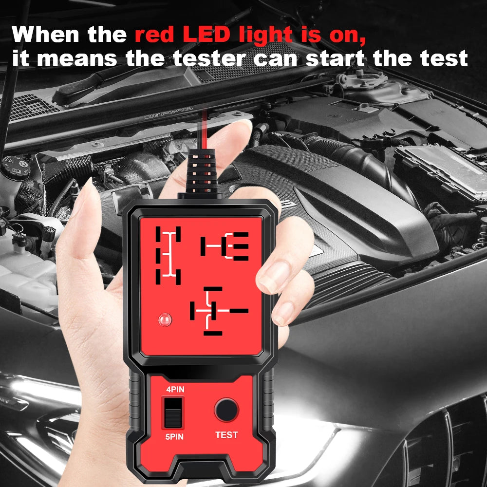 12V Car Battery Circuit Checker feature callouts showing test button, LED indicator, relay connector and insulated alligator clips