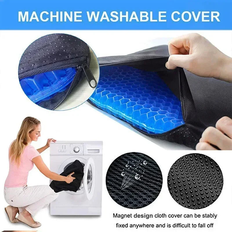 Gel Seat Cushion cloth cover being machine washed, with close-ups of the magnet-fixed fabric cover