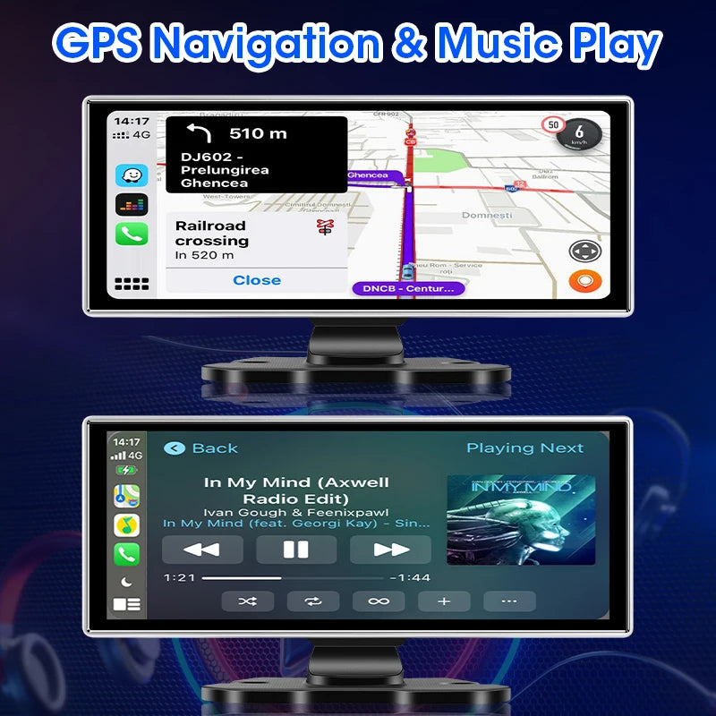 Wireless CarPlay Dash Cam screen displaying turn-by-turn GPS navigation directions and a CarPlay music player interface for hands-free driving.