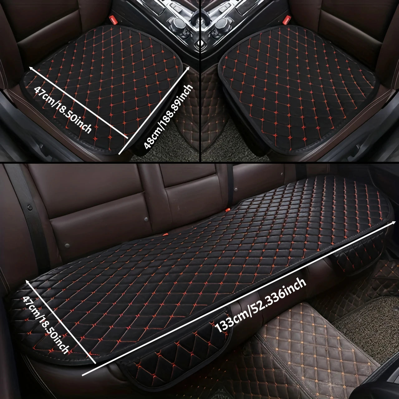 3-Piece Seat Cushion Set dimension diagram showing front cushion and rear bench cushion measurements in centimetres