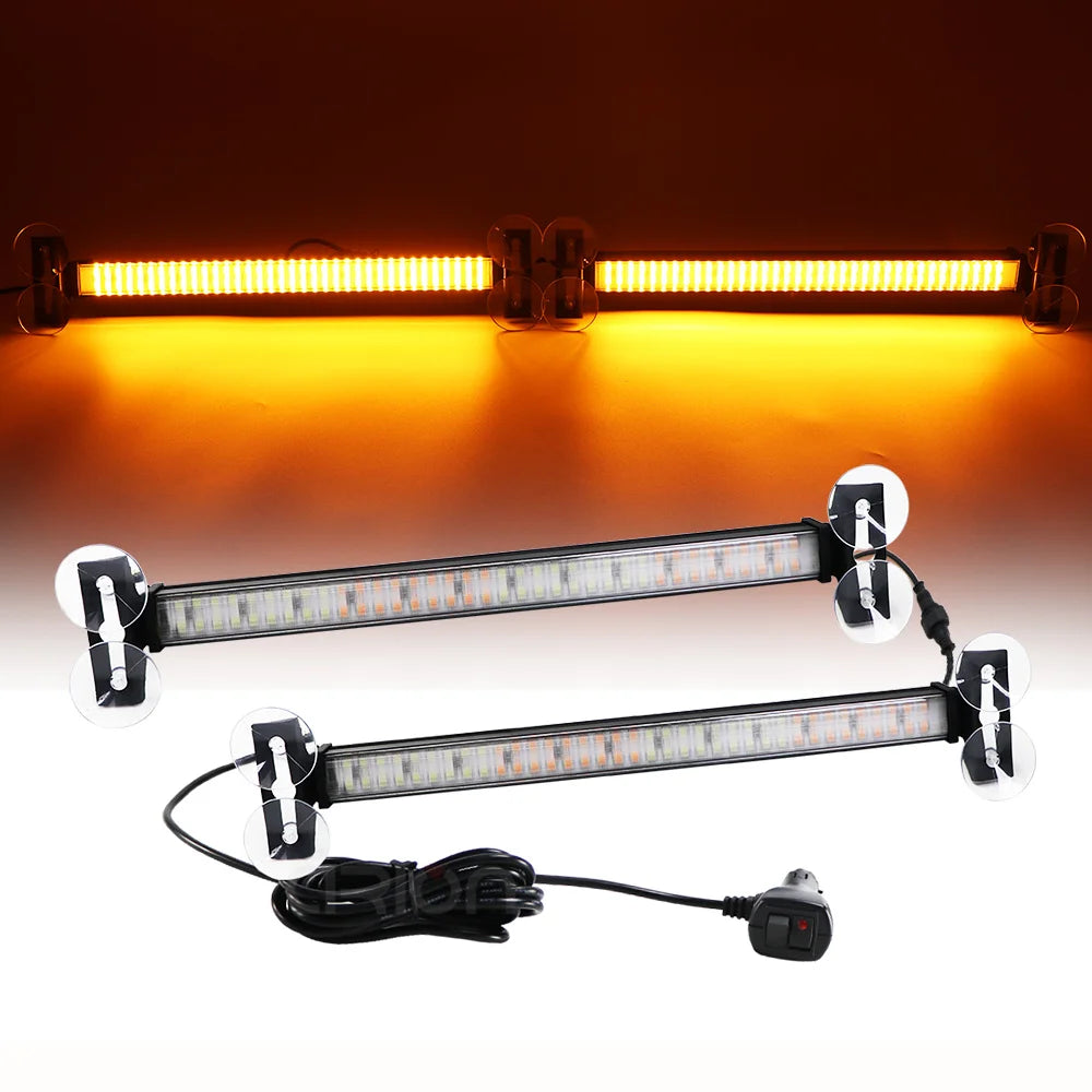 Amber LED Strobe Light Bar glowing amber on a dark background above a pair of suction cup mounted light bars with power cable