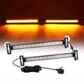 Amber LED Strobe Light Bar glowing amber on a dark background above a pair of suction cup mounted light bars with power cable