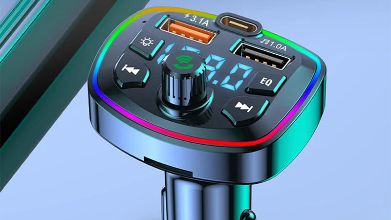 Car Bluetooth player with colorful ambient light and multiple charging ports on a blue background