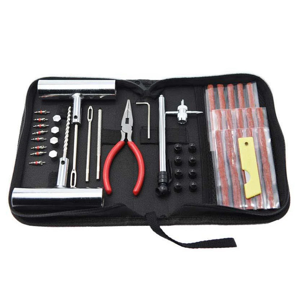 Complete 45-piece Car Tyre Puncture Repair Kit tools laid out inside open zip case on white background