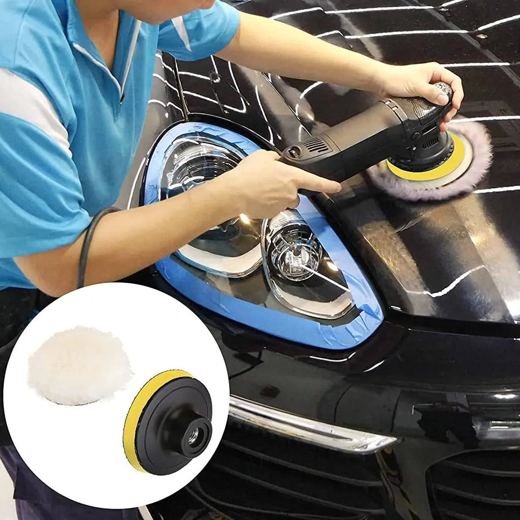 Person polishing a black car headlight with a drill-mounted wool polishing pad, with pad and backing plate inset