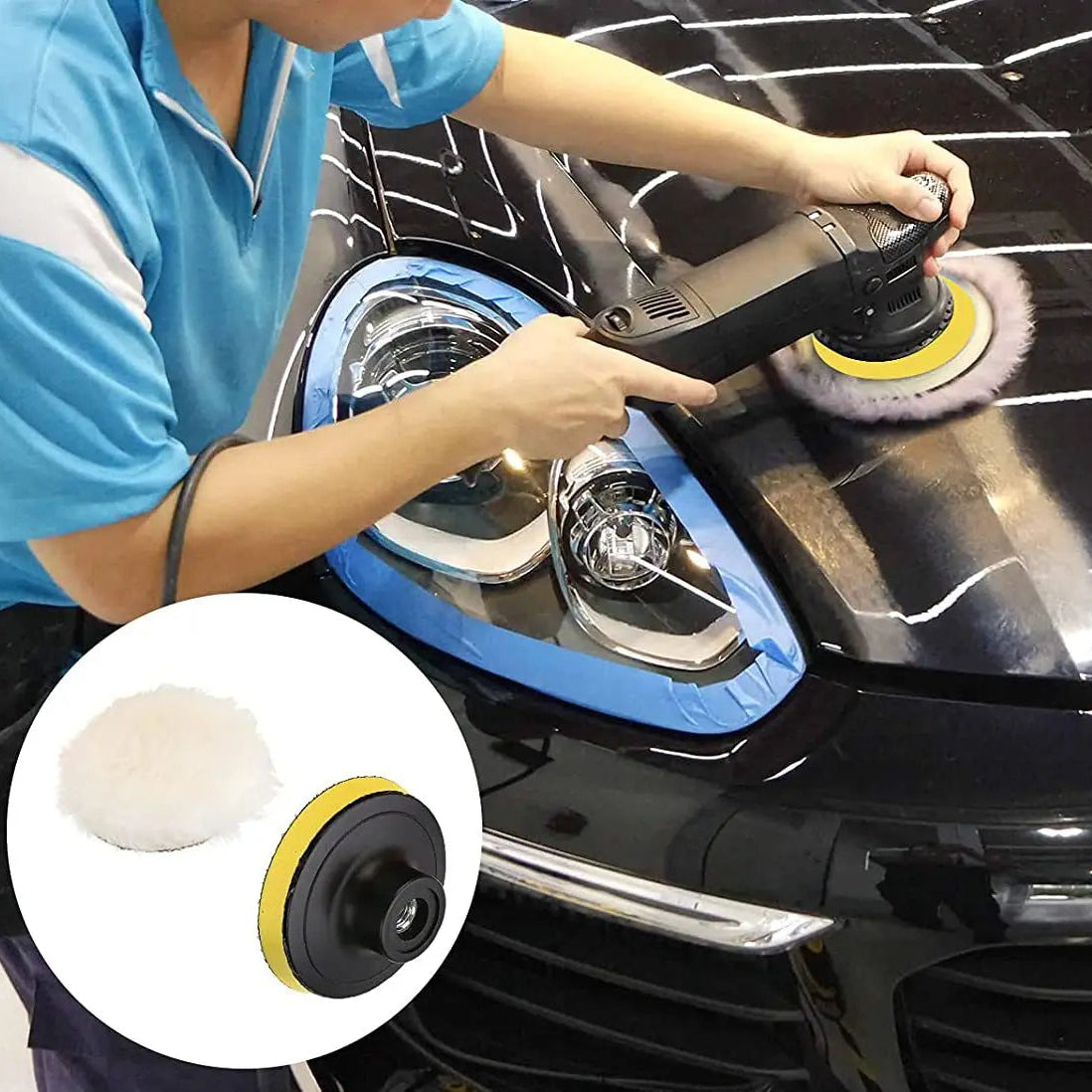 Person polishing a black car headlight with a drill-mounted wool polishing pad, with pad and backing plate inset