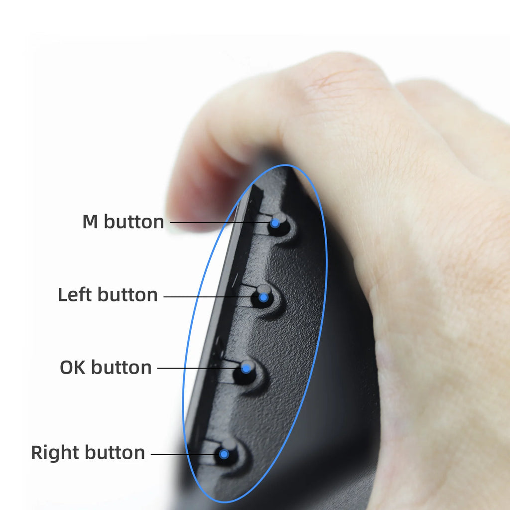 A-Pillar OBD2 GPS Gauge close-up of the M, left, OK and right control buttons on the side of the unit
