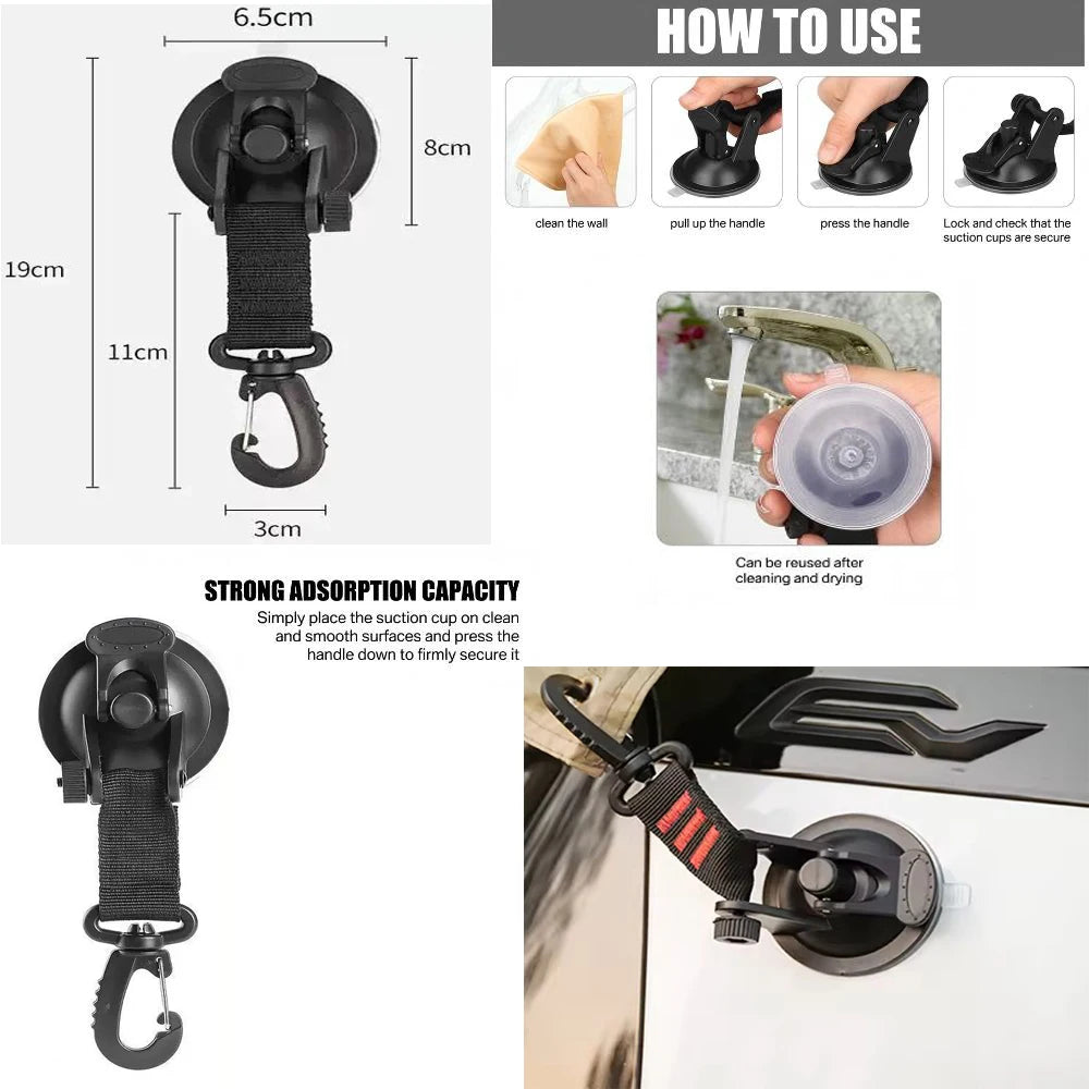 Suction cup mounting hook for the Expedition Side Sunshade shown step-by-step and attached to a vehicle's exterior panel