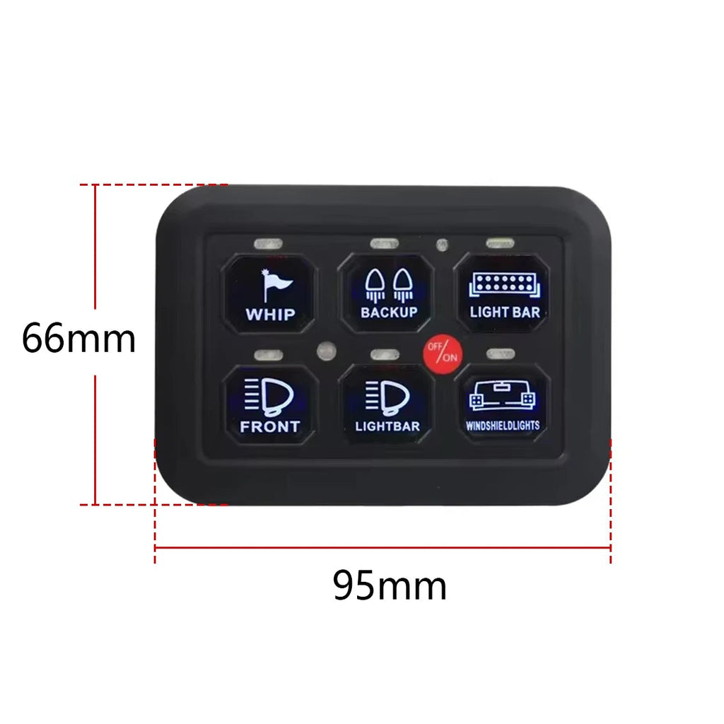 6-Gang Touch Switch Panel dimensions: 95 mm wide by 66 mm high, with blue backlit switches